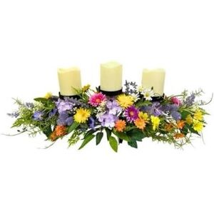 (NEW) Spring Table Floral Arrangement, Bolsius candles & Holder 26”x11”x7”